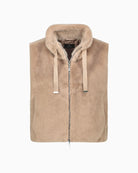 Front view of Monari faux fur gilet in off-white with two-way zip and drawstring collar