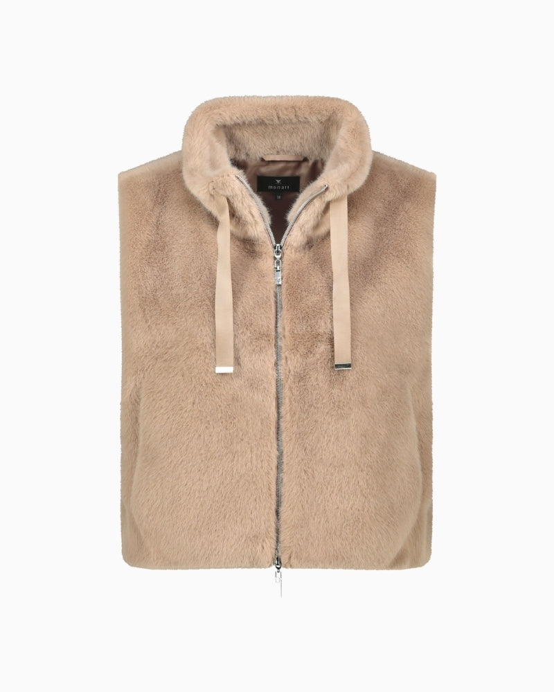 Front view of Monari faux fur gilet in off-white with two-way zip and drawstring collar