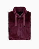 Front view of Monari taupe gilet with two-way zip and drawstring neckline