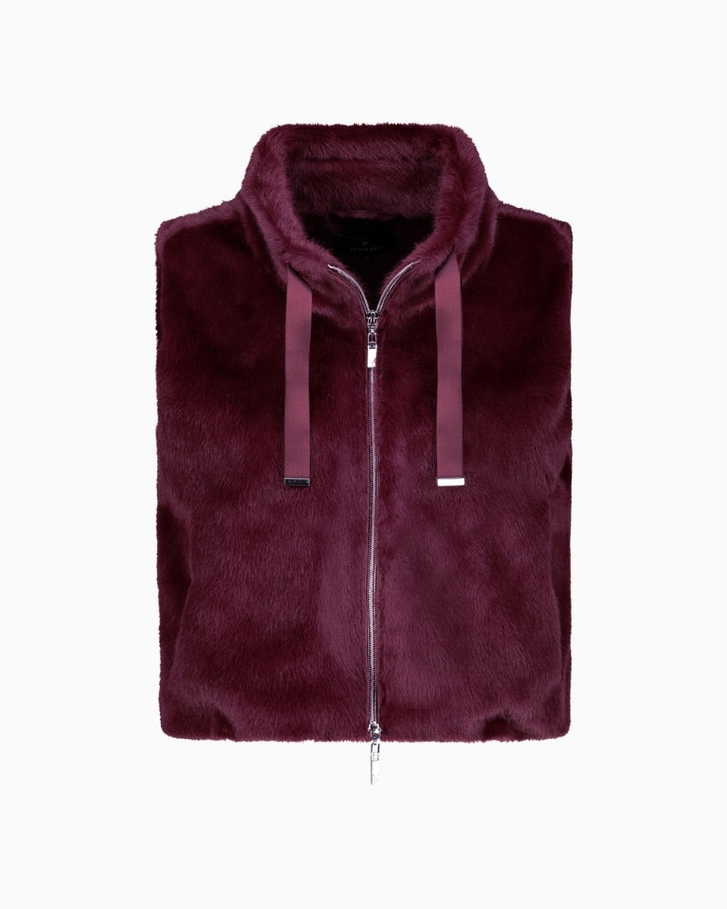 Front view of Monari taupe gilet with two-way zip and drawstring neckline