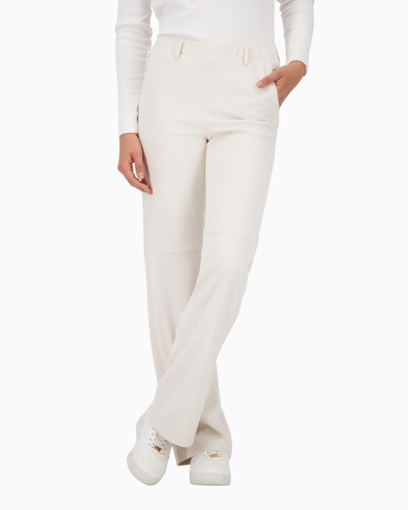 Front view of Monari faux suede trousers with straight-leg and side pockets