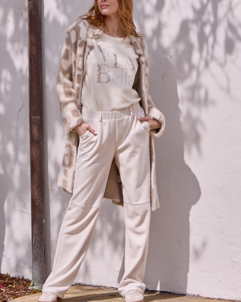Front view of Monari faux suede trousers with straight-leg and side pockets