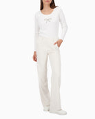 Front view of Monari faux suede trousers with straight-leg and side pockets
