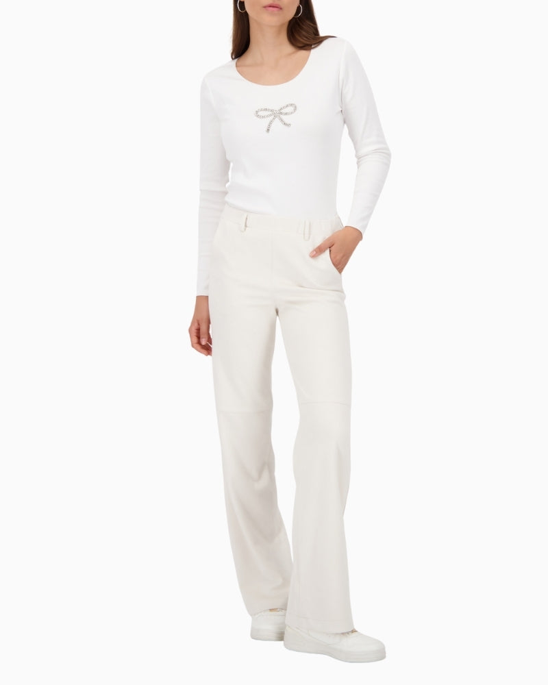 Front view of Monari faux suede trousers with straight-leg and side pockets