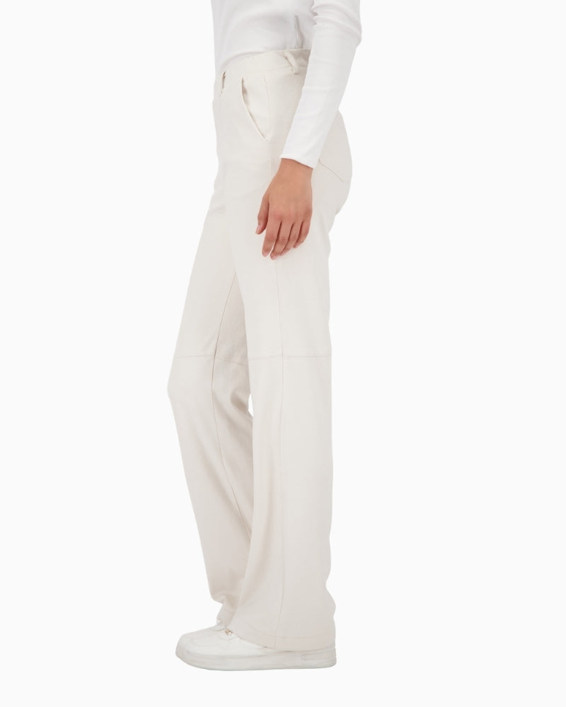 Side view of Monari faux suede trousers with straight-leg and side pockets