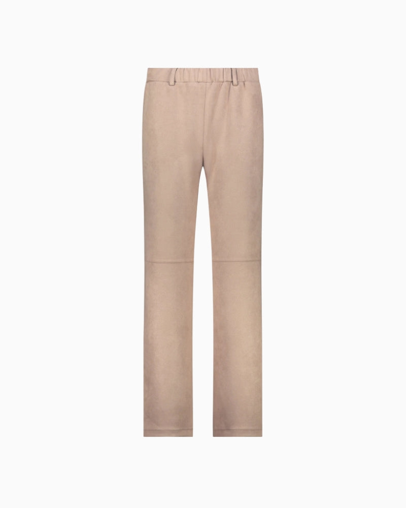 Front view of Monari faux suede trousers in olive with side pockets