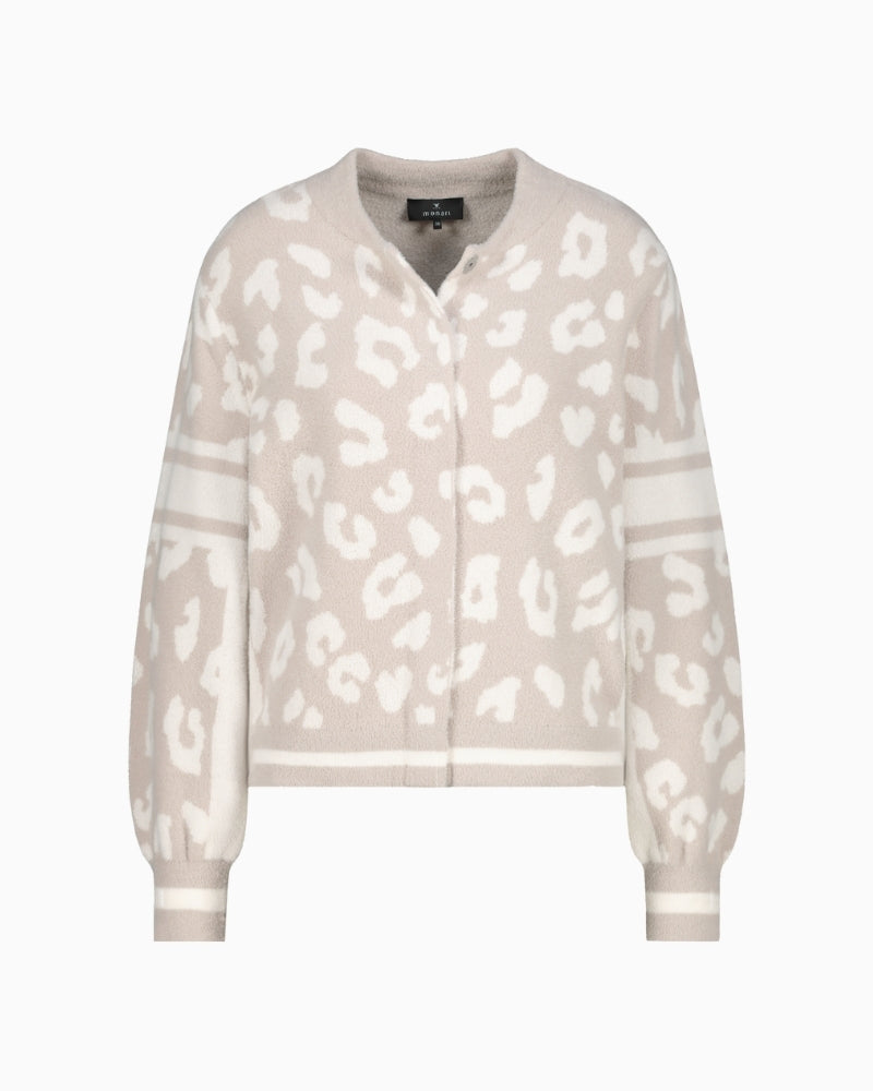 Front view of cosy leopard print cardigan with open design