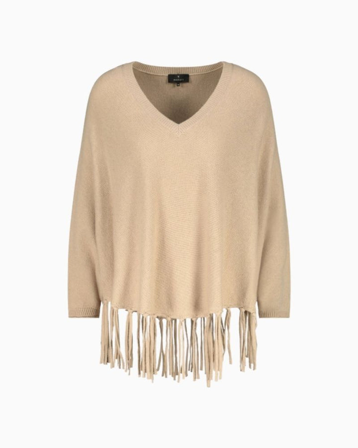 Monari taupe poncho with V-neck, fringes and flowing fabric