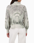 Back view of cotton blend sweater with subtle shimmer thread