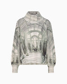 Front view of printed jumper showing bold gallery design and relaxed fit