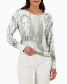 Monari long sleeve top with gallery print and rhinestone detail