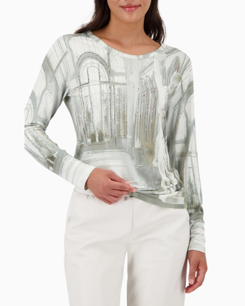 Monari long sleeve top with gallery print and rhinestone detail
