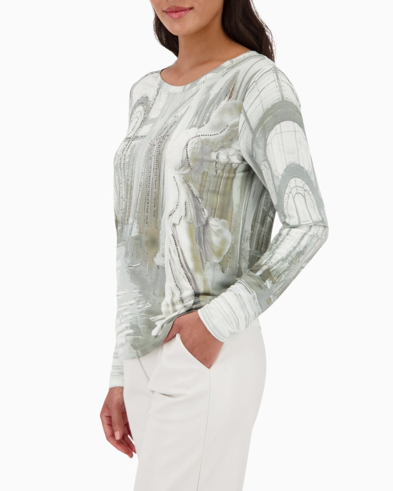 Side view of Monari top showing slim fit and stretchy material