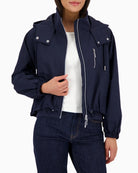 Monari navy hooded jacket, woman wearing front view – Áines Boutique