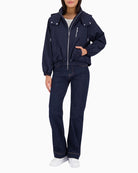 Monari navy hooded jacket, woman wearing front view – Áines Boutique