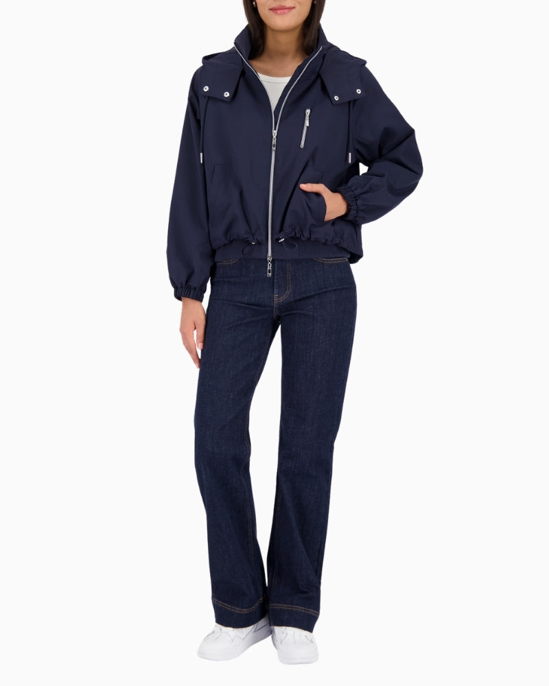 Monari navy hooded jacket, woman wearing front view – Áines Boutique