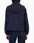 Monari navy hooded jacket, woman wearing back view – Áines Boutique