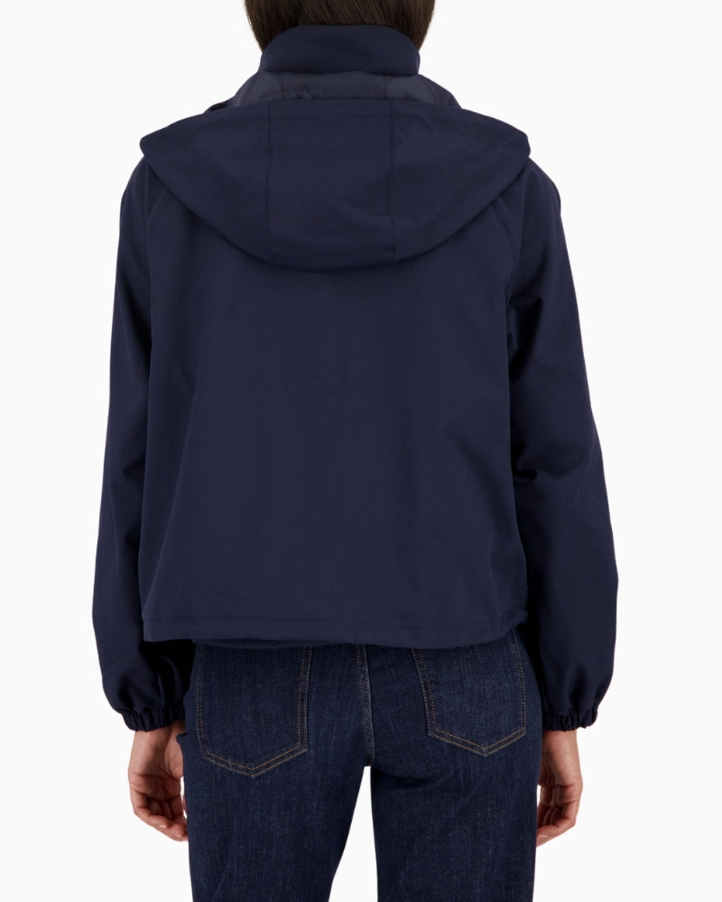 Monari navy hooded jacket, woman wearing back view – Áines Boutique