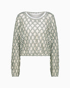 Front view of wool blend jumper with subtle sequins and round neckline