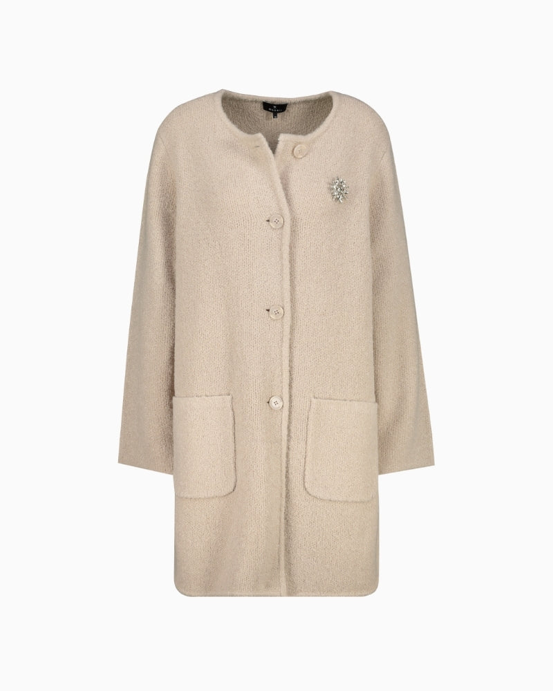 Front view of wool blend cardigan with soft, cosy texture