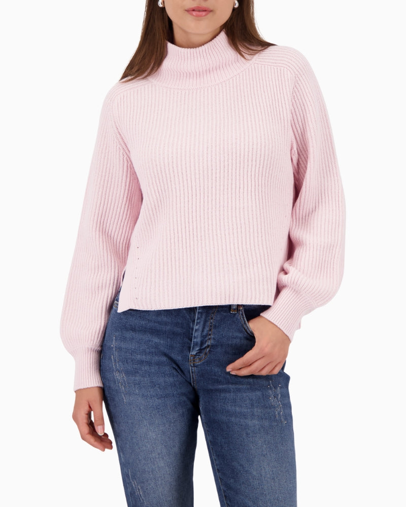 Woman wearing Monari rose knit pullover front view with stand-up collar – Áines Boutique