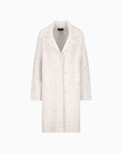 Front view of soft knit coat in neutral tone with side pockets