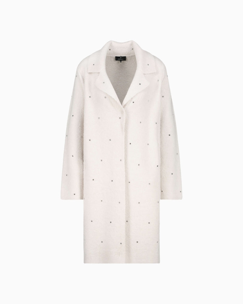 Front view of soft knit coat in neutral tone with side pockets