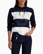Monari knitted jumper with emblem navy front view laid flat – Áines Boutique