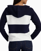 Monari knitted jumper with emblem navy back view showing hood – Áines Boutique