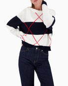 Monari knitted jumper with intarsia pattern off white navy red front view laid flat – Áines Boutique