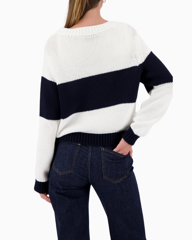 Monari knitted jumper with intarsia pattern off white navy red back view – Áines Boutique