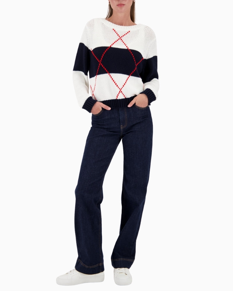 Woman wearing Monari knitted jumper with intarsia pattern styled casually – Áines Boutique