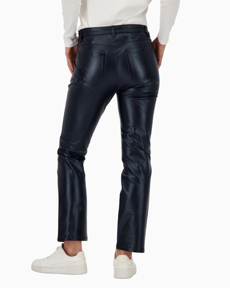 Back view of straight leg leather-look trousers in navy by Monari