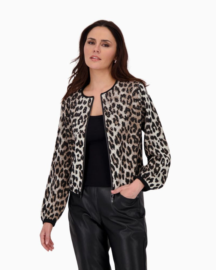 Monari leopard print cardigan with rhinestones and elastic hem