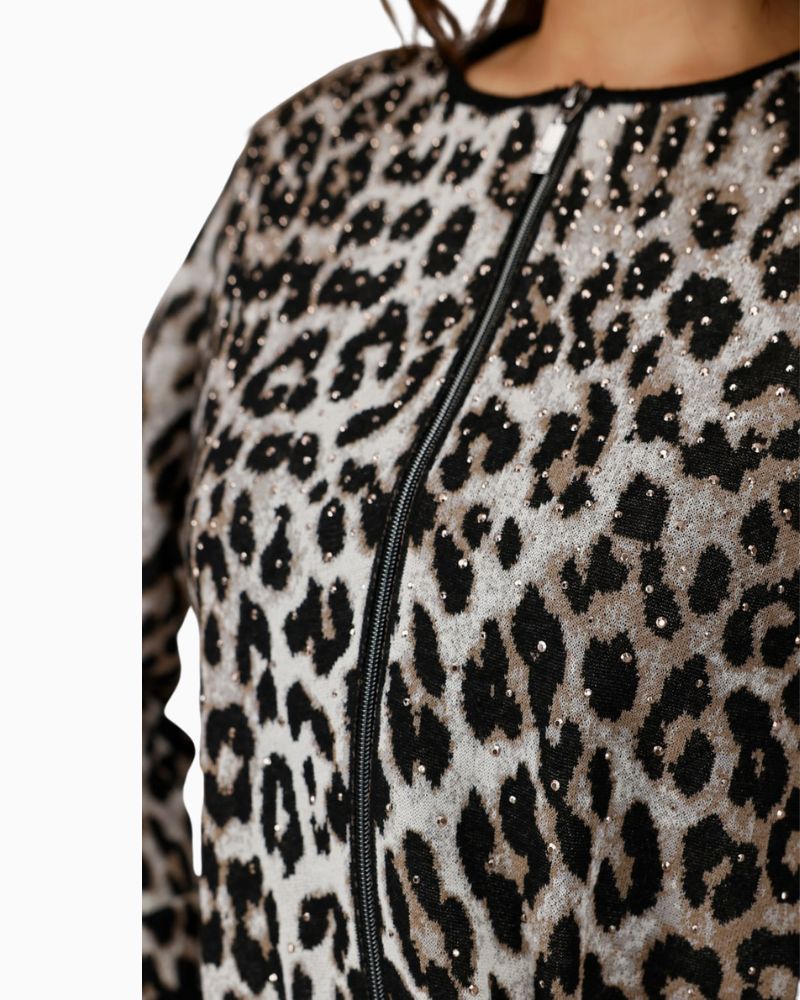 Close up of Monari leopard print cardigan with rhinestones and elastic hem