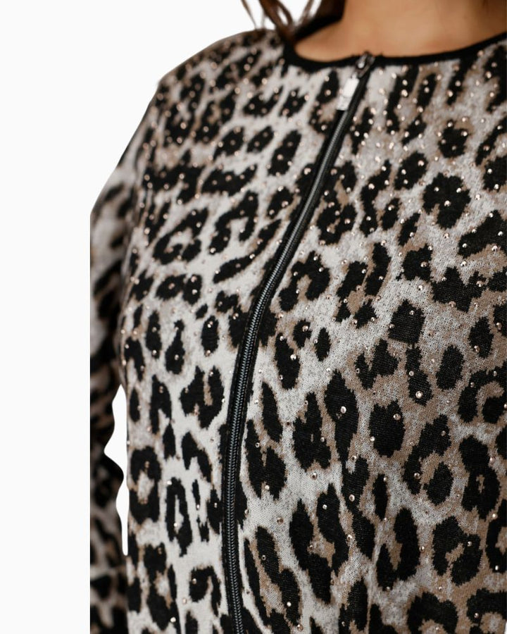 Close up of Monari leopard print cardigan with rhinestones and elastic hem