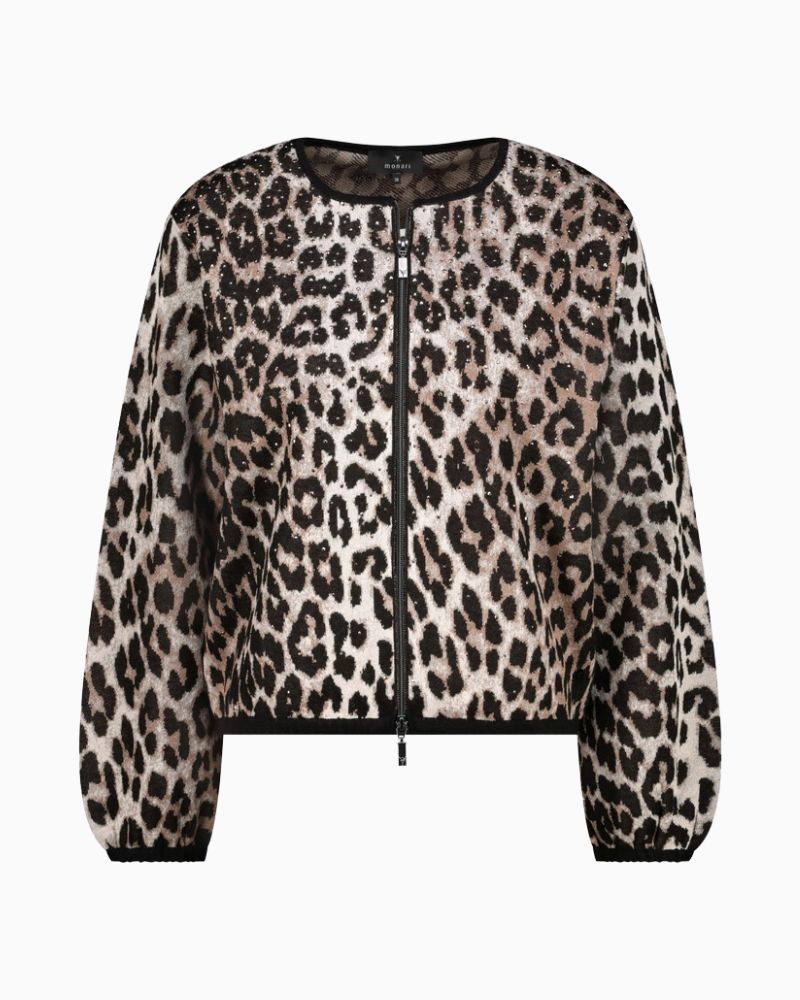 Monari leopard print cardigan with rhinestones and elastic hem