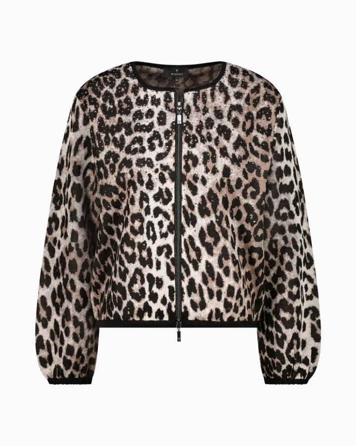 Monari leopard print cardigan with rhinestones and elastic hem