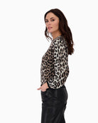 Side view of Monari leopard print cardigan with rhinestones and elastic hem