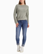 Front view of cotton blend jumper with rhinestones and rolled cuffs