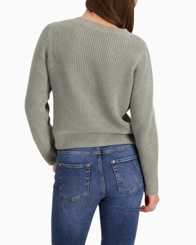 Back view of soft shimmer jumper in neutral tone with round neck