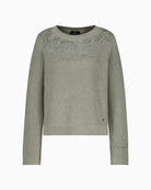 Front view of cotton blend jumper with rhinestones and rolled cuffs