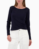 Monari long-sleeve shirt with button placket navy front view laid flat – Áines Boutique