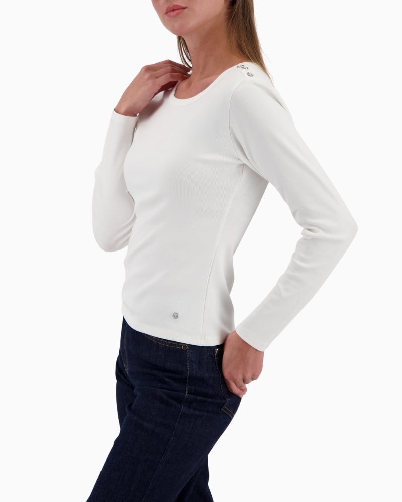 Monari long-sleeve shirt with button placket off white side view with sleeve shape – Áines Boutique