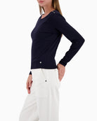 Monari long-sleeve shirt with button placket navy side view with sleeve shape – Áines Boutique