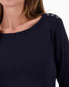 Monari long-sleeve shirt with button placket navy close-up of shoulder buttons – Áines Boutique