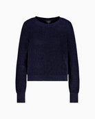 Front view of Monari lurex knit jumper with long sleeves in navy