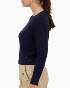 Side view of Monari lurex knit jumper with long sleeves in navy