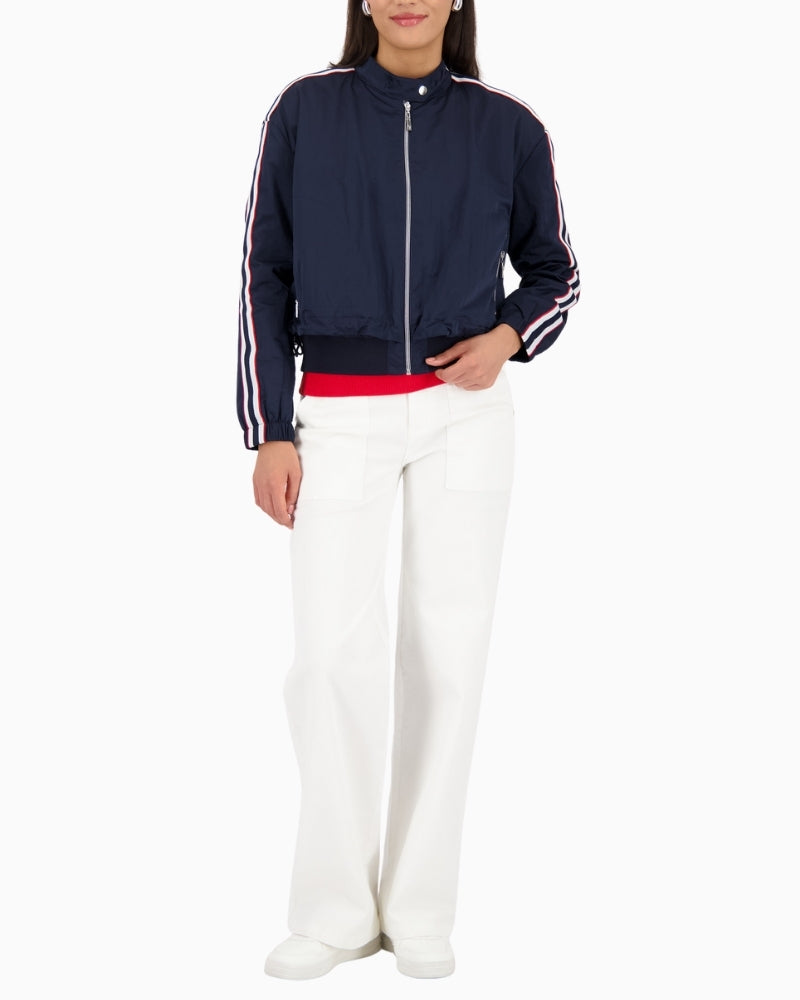 Woman wearing Monari nylon jacket navy styled casually – Áines Boutique