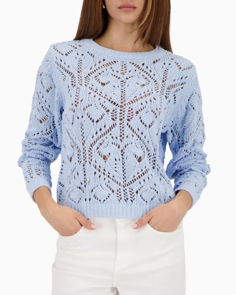 Monari openwork knit jumper light blue, woman wearing front view – Áines Boutique